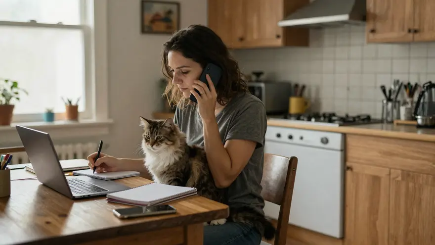A cat owner phoning shortlisted clinics from the kitchen table, cat settled on her lap