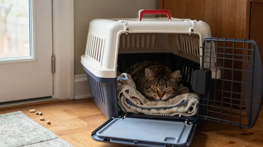 A cat napping in an open carrier that lives in a sunny corner of the living room like normal furniture