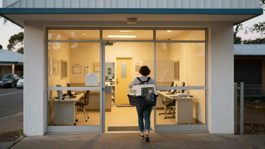 Arriving at a vet clinic entrance in the early evening with a covered cat carrier