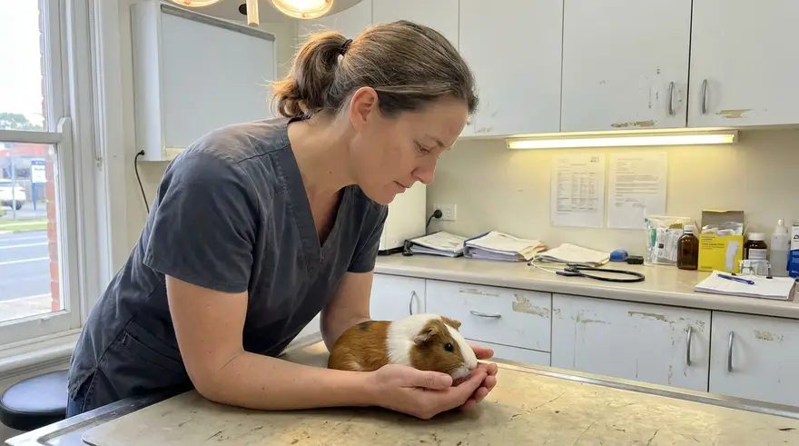 A guinea pig being gently held and examined by a vet in a quiet consult room