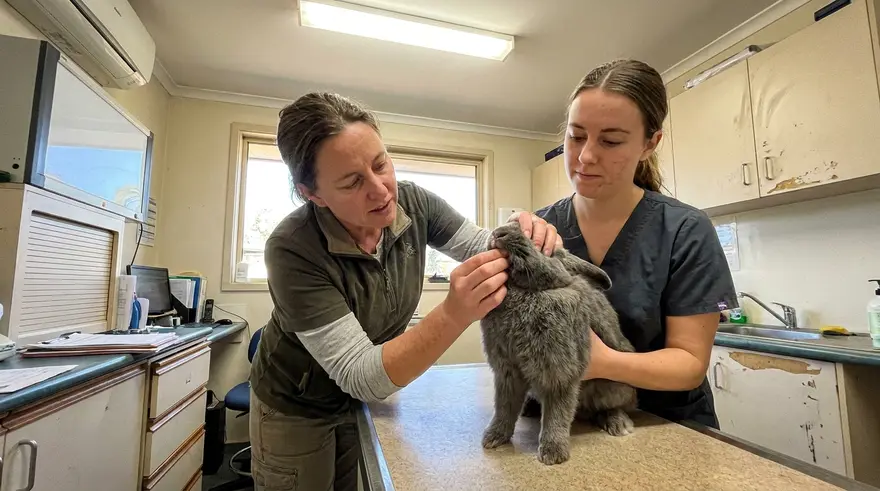 A vet checking a rabbit's front teeth during a routine health check