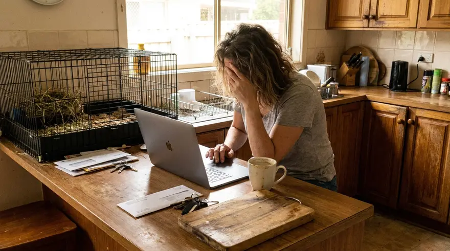 A pet owner comparing local vet clinics on a laptop at the kitchen bench