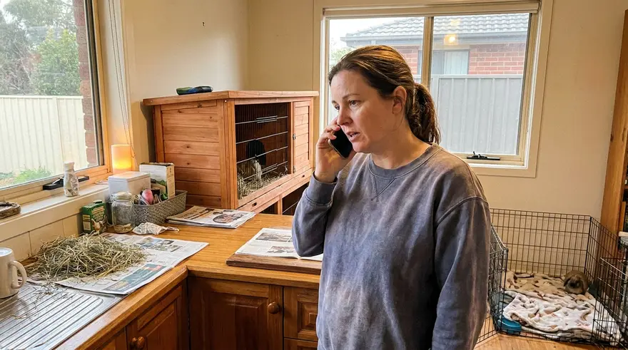 A rabbit owner on the phone at home, a guinea pig hutch visible in the background