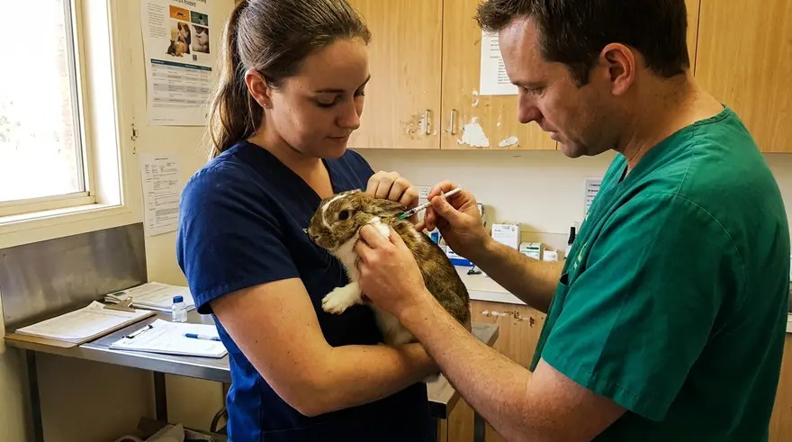 A rabbit receiving a routine vaccination while being held securely and calmly