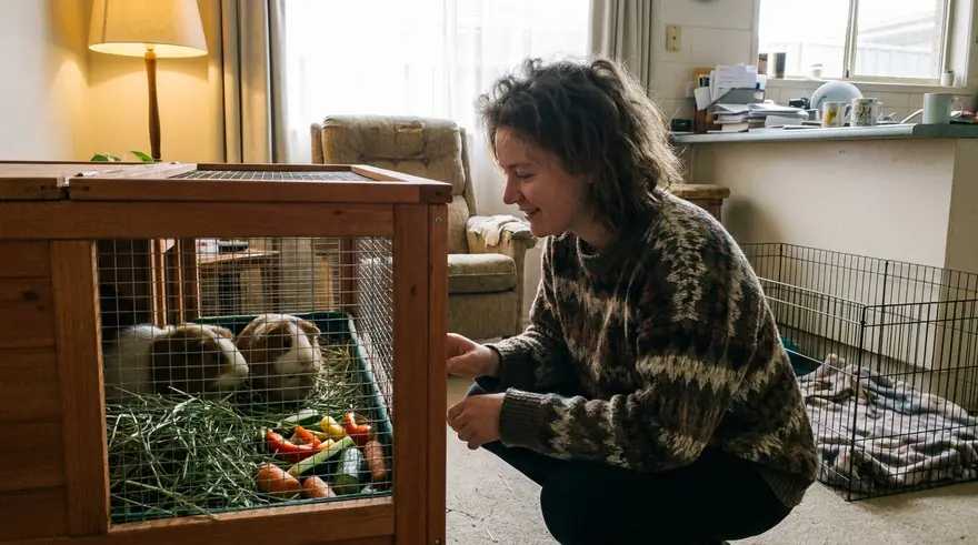 A guinea pig hutch at home with fresh hay and vegetables, checked over by its owner