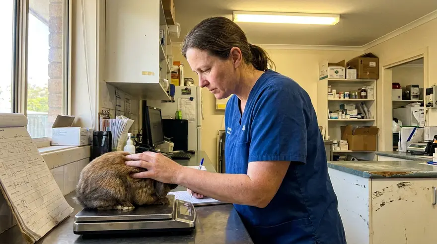 A vet weighing a rabbit on a small clinic scale and noting the result