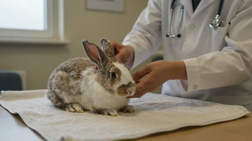 A vet gently examining a rabbit on a soft towel in a calm consult room