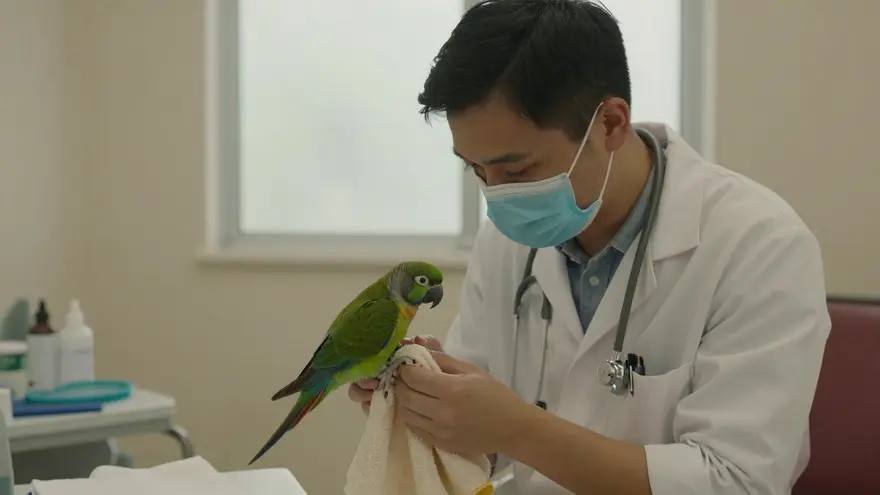 A vet using specialised equipment to examine a parrot held gently in a towel