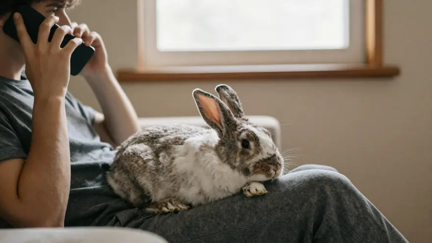 An exotic pet owner phoning a clinic with a pet rabbit resting on their lap