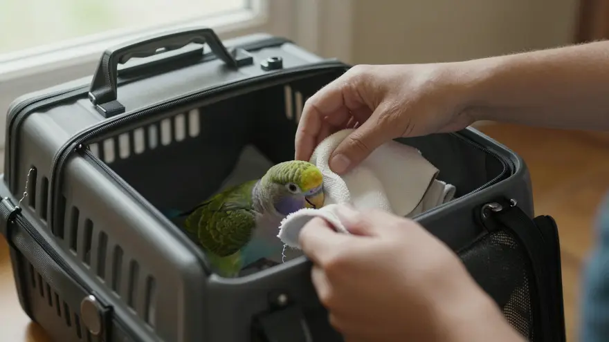 An owner gently placing a small parrot into a covered travel carrier at home