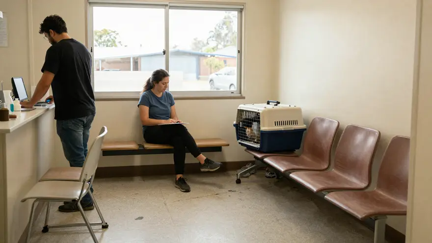 A quiet suburban vet clinic waiting room with an owner and a covered cat carrier on the bench