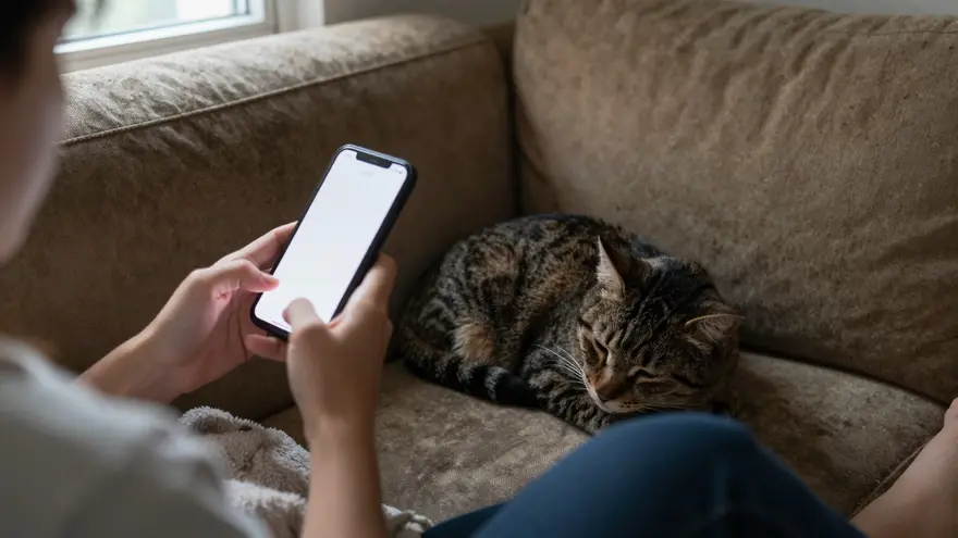 Close view of hands holding a phone on a couch at night with a tabby cat curled asleep alongside