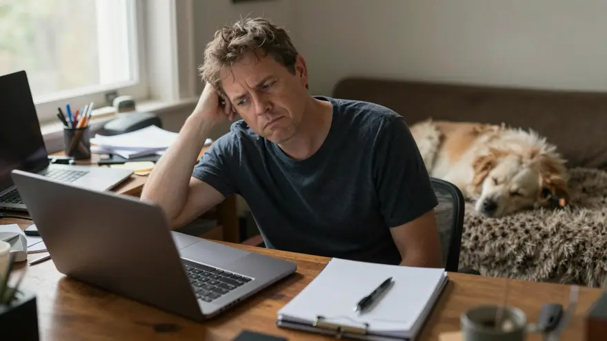 A man at a cluttered home desk weighing something up sceptically, an old kelpie asleep on the rug behind him