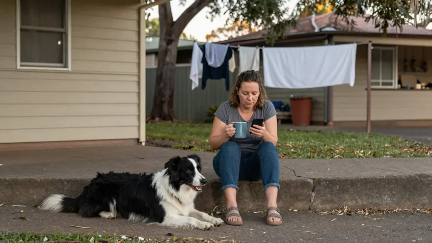 A woman on the back step of a suburban house with a mug and phone, border collie lying at her feet
