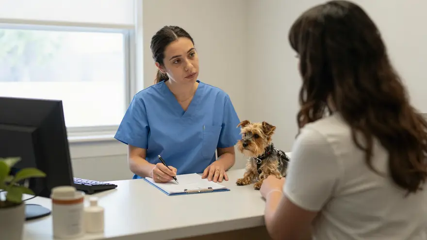 A vet nurse behind a clinic reception counter talking with a concerned dog owner and a small terrier on a lead