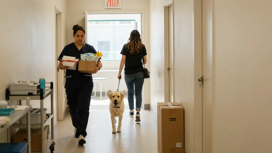 A busy corridor inside a working vet clinic, a nurse walking past with supplies as an owner leads a labrador in