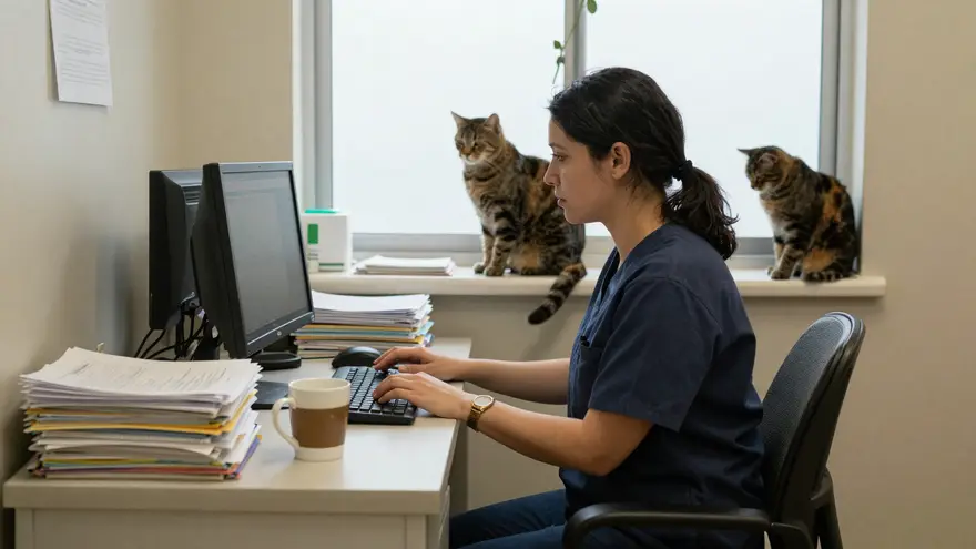 A practice manager typing at a cramped back-office desk in a clinic, paperwork stacked around her and a cat on the windowsill