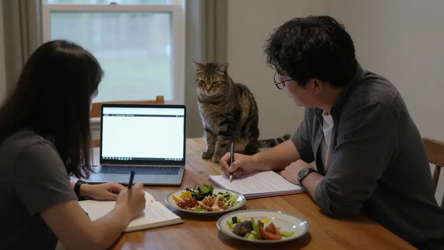 A couple at the dining table in the evening comparing options on a laptop and a notepad while a cat watches from the table