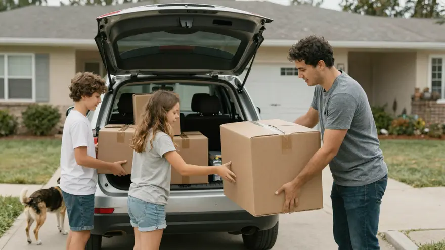 A family loading a car with moving boxes while a dog watches from the open boot