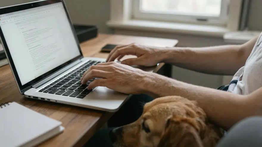 A close-up of someone typing a short email on a laptop at home, a dog's head resting on their knee
