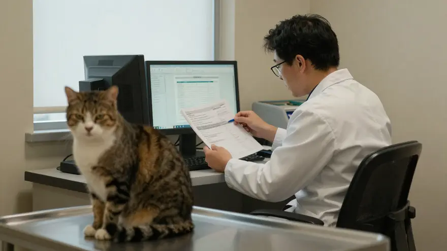A vet reviewing a pet's medical file on a clinic computer screen with the animal on the table