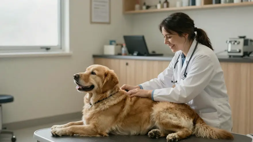 A relaxed dog being greeted by a friendly vet in a bright, welcoming clinic reception