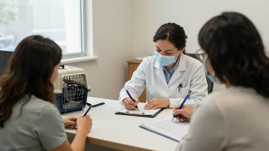 A cat owner talking with a vet at reception while the vet takes notes, carrier on the counter