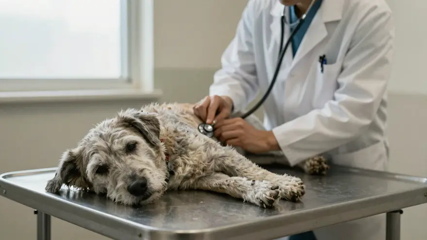 An older dog resting calmly on a clinic exam table while a vet listens to its chest