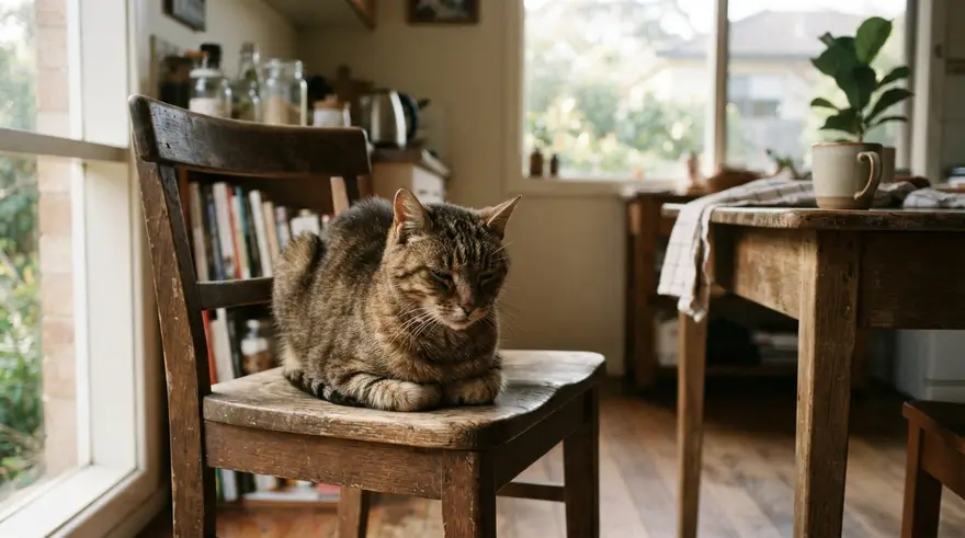 A tabby cat sitting hunched and still on a kitchen chair, eyes half closed