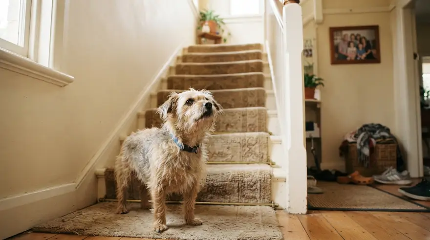 A small dog hesitating at the bottom of a set of indoor stairs