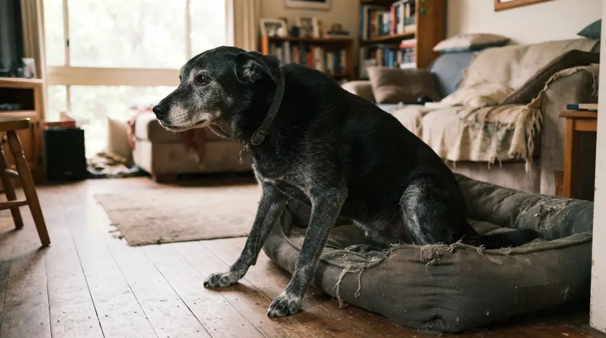 An older dog easing itself up slowly from a dog bed, front legs braced