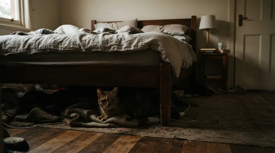 A cat lying under a bed in a dim room, only partly visible