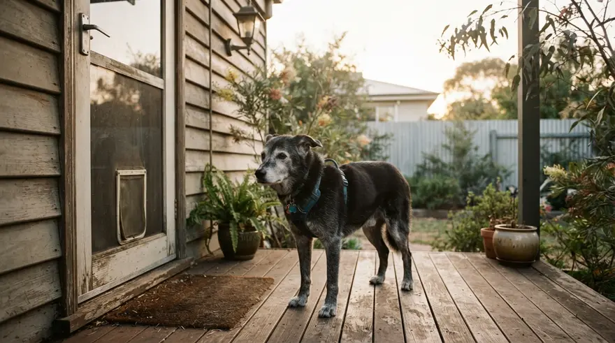 A grey-muzzled dog standing at the back door on a wooden deck in late afternoon light