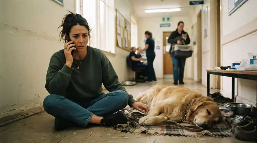 A pet owner sitting on the floor beside a dog, phone in hand, calling a clinic
