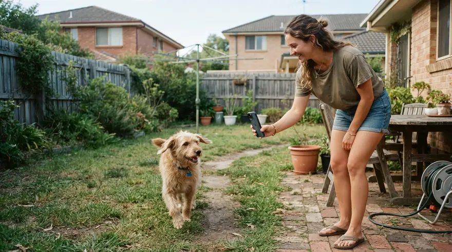 A person filming a short video of their dog walking across the backyard on a phone