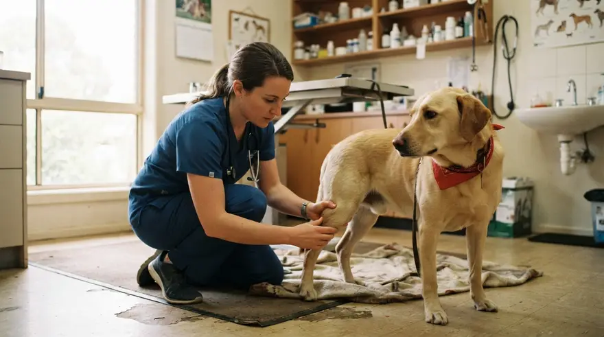 A vet crouching at floor level in a consult room, quietly examining a dog's hind leg
