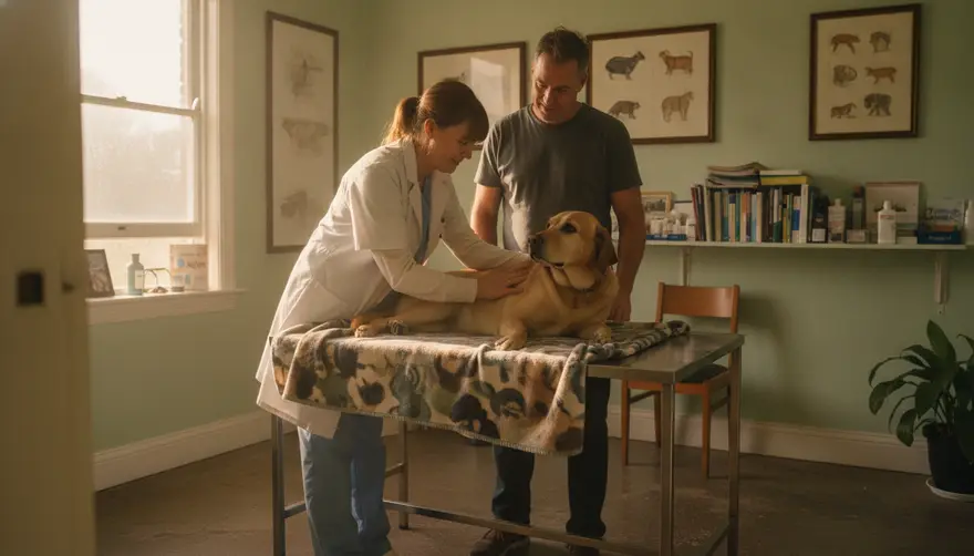 A vet in scrubs examining a middle-aged labrador while the owner watches closely in a consult room