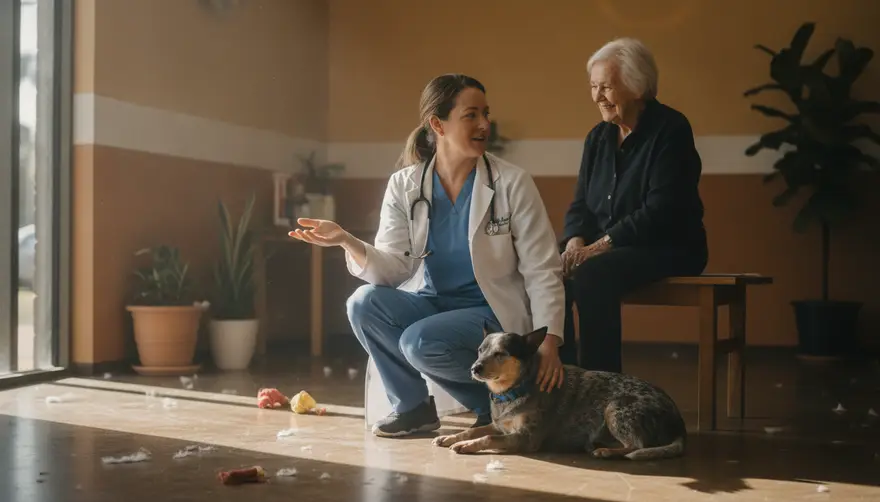 A vet crouched on the clinic floor talking with an older client while a cattle dog leans against her leg