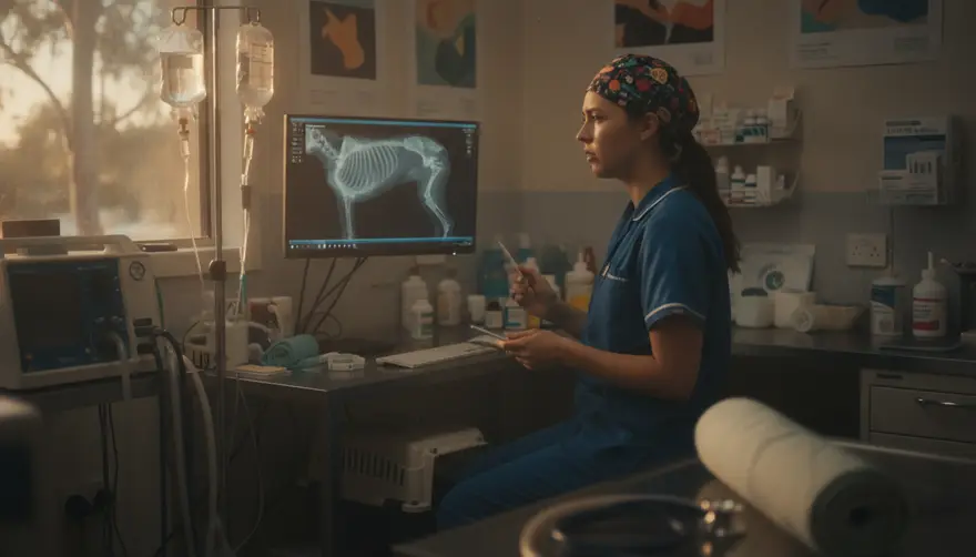 A vet nurse reviewing a digital x-ray on a monitor in a well-equipped treatment area