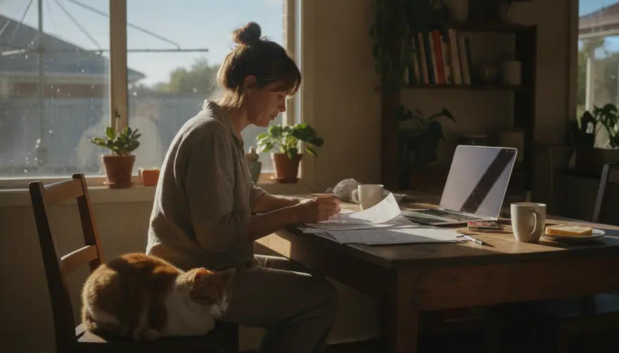 A pet owner at a kitchen table checking a vet invoice against a laptop screen