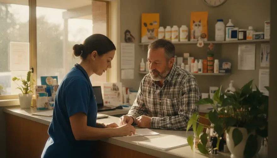 A vet talking a client through a printed estimate at the front counter