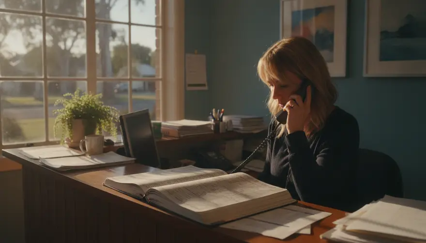 A clinic reception team member on the phone with an appointment book open in front of her