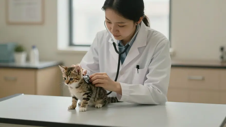 A vet listening to a small kitten with a stethoscope on a clean exam table
