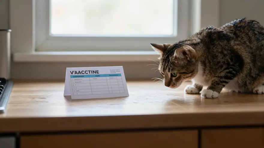 A kitten vaccination record card and a curious kitten on a kitchen bench