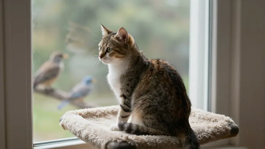 An indoor kitten watching birds through a sunlit window from a cat perch