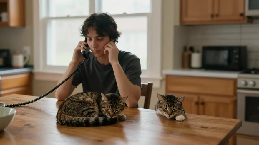 A pet owner phoning a vet clinic from home with a kitten curled up beside them