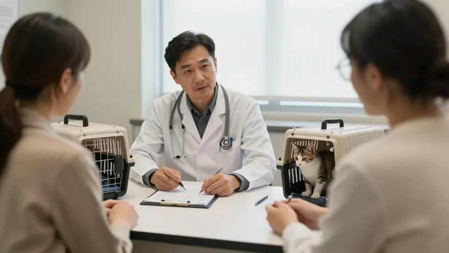 A vet explaining a kitten care plan to an attentive owner across the consult desk
