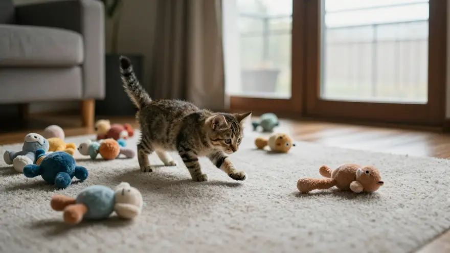 A kitten exploring a secure indoor play area with toys on the floor