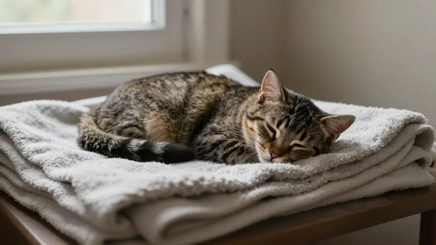 A content kitten dozing on a soft blanket at home after a vet visit