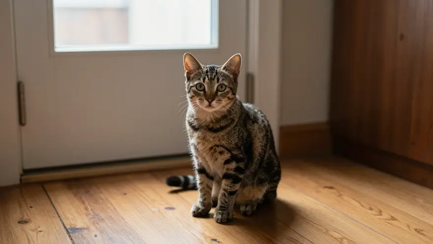 An alert tabby kitten sitting on a wooden floor in a warm home hallway